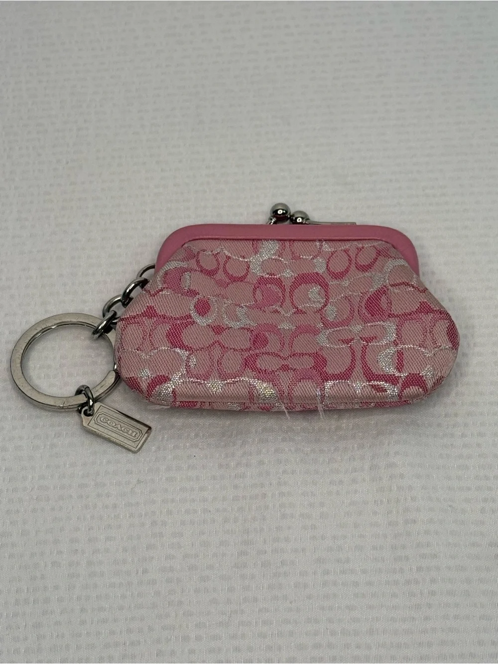 Coach Vintage Optic Pink Signature Kiss-Lock Coin Purse with Key Ring